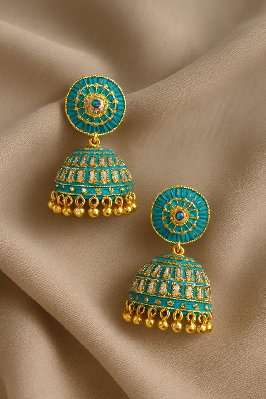 ✨ Blue & Gold Jhumka Earrings for Women – Handcrafted Ethnic Jewelry